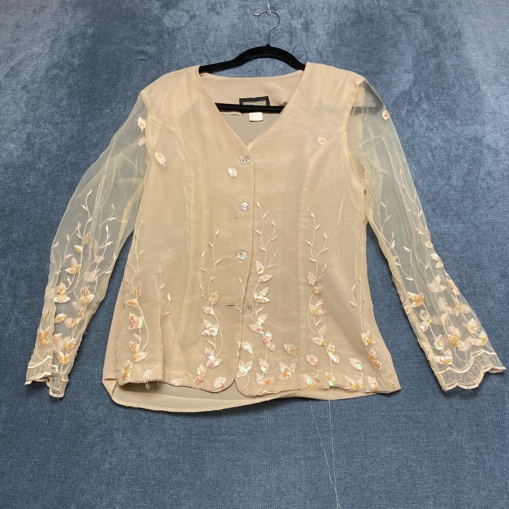 Charlotte Sheer Top Womens M Beige Floral Embellished Classic V Neck Button